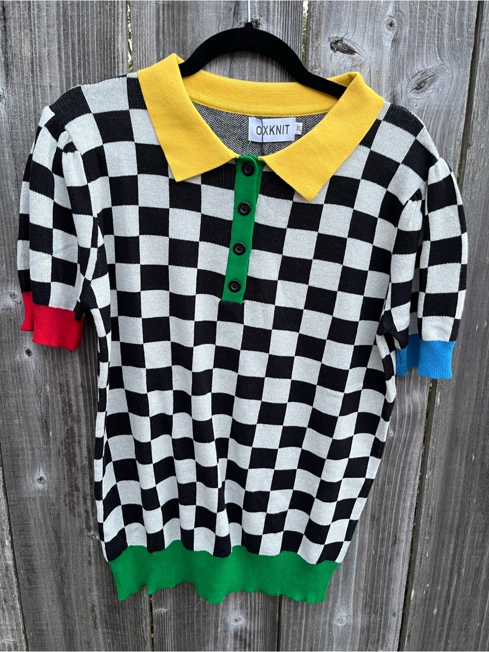 Checkerboard Polo Sweater with Color-Block Accents